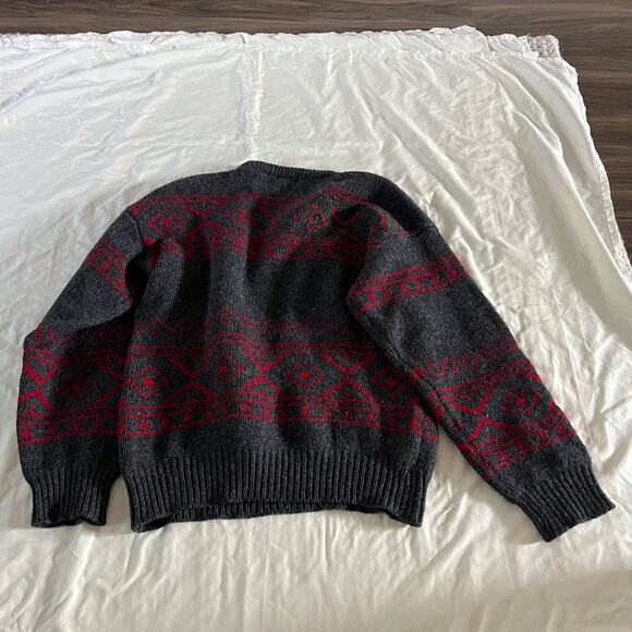 Vtg Y2K Retro 100% Shetland Wool Grey Red Pattern Pullover Grandpa Sweater Men L - Picture 7 of 9